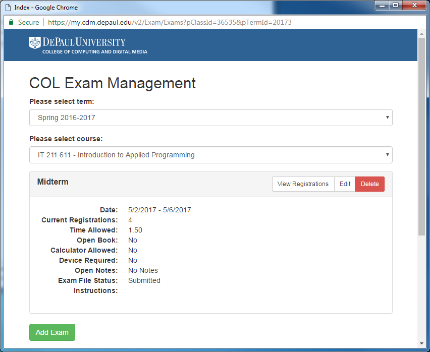 Screen shot of exam entry